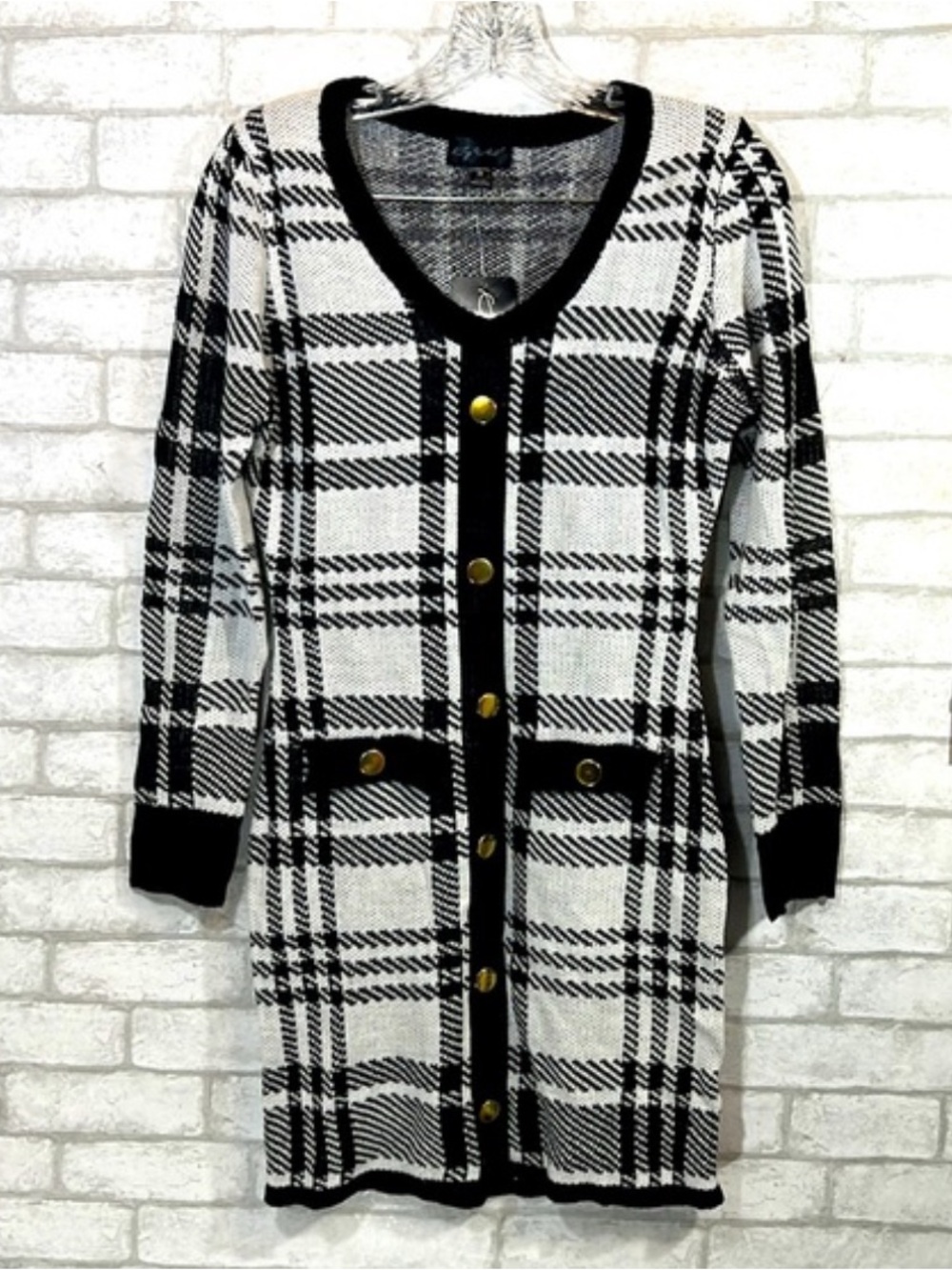 Say What? Black & White Plaid Long Cardigan with Gold Buttons